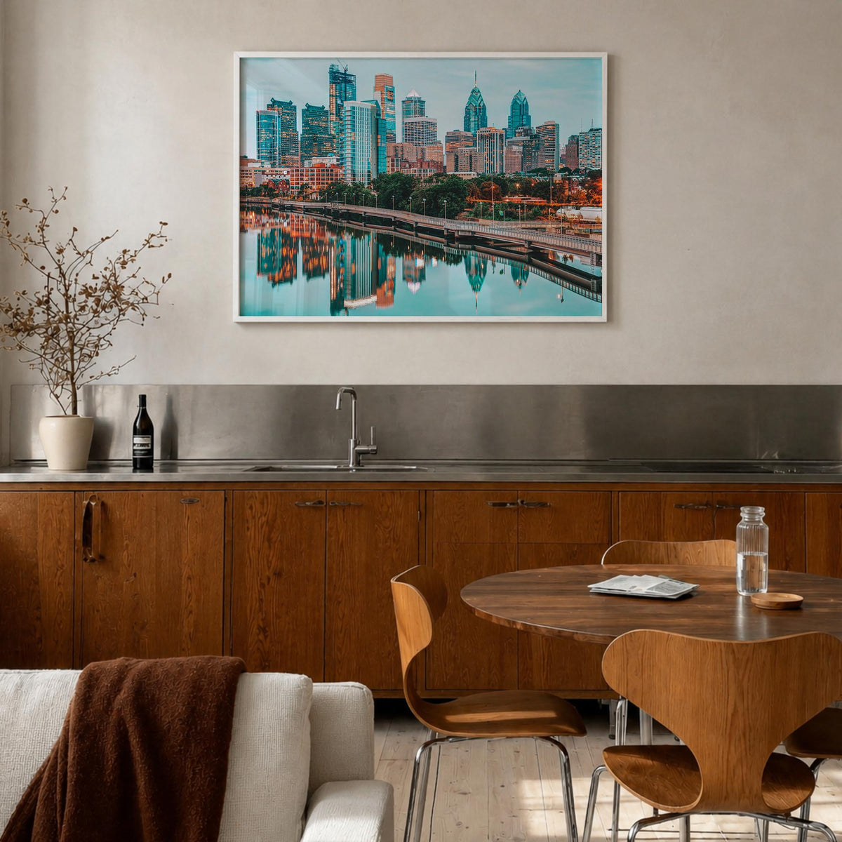 Philadelphia colorful photo poster of Pennsylvania, USA – horizontal wall art in white wood frame, hanging on wall