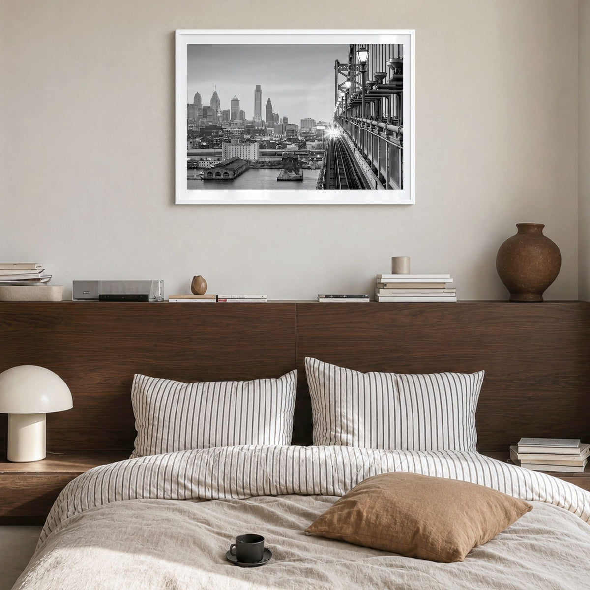 Philadelphia Photo Poster in a white wood frame, hanging in a bedroom, white border