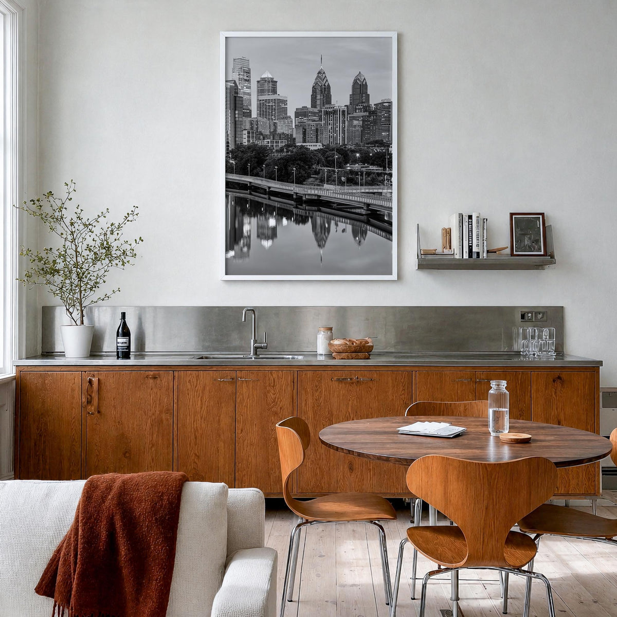 Philadelphia no. 2 black & white photo poster of Pennsylvania, USA – vertical wall art in white wood frame, hanging on wall