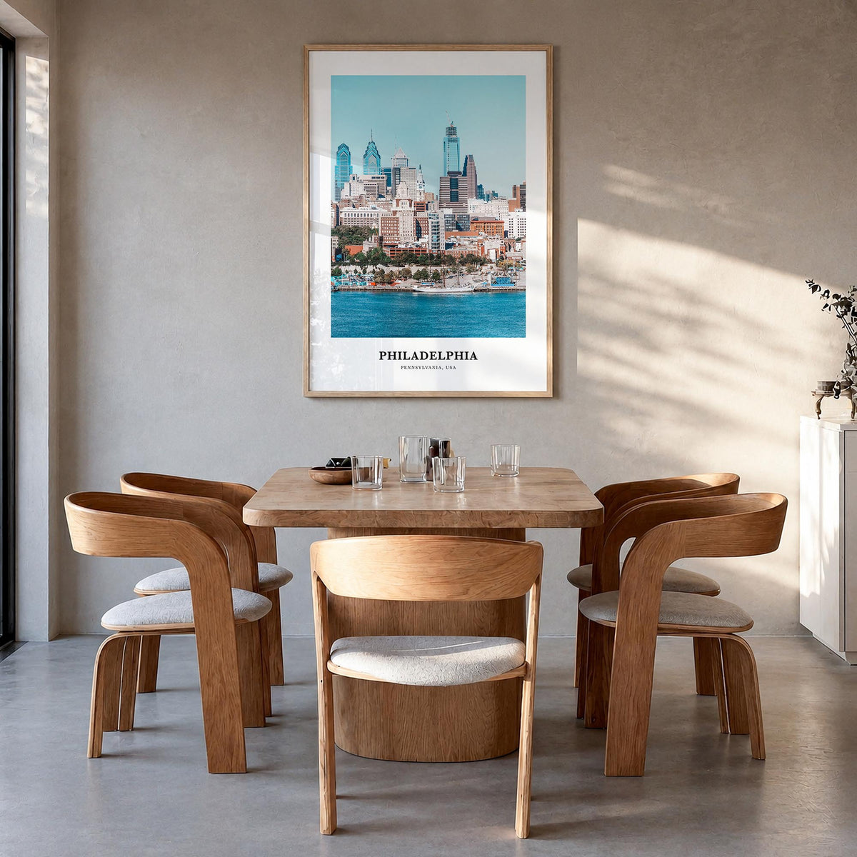 Philadelphia no. 2 colorful classic poster of Pennsylvania, USA – vertical wall art in natural wood frame, hanging on wall