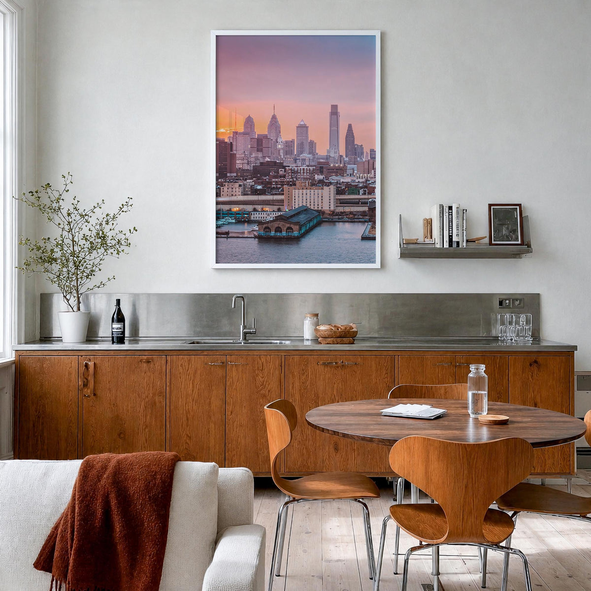Philadelphia no. 2 colorful photo poster of Pennsylvania, USA – vertical wall art in white wood frame, hanging on wall