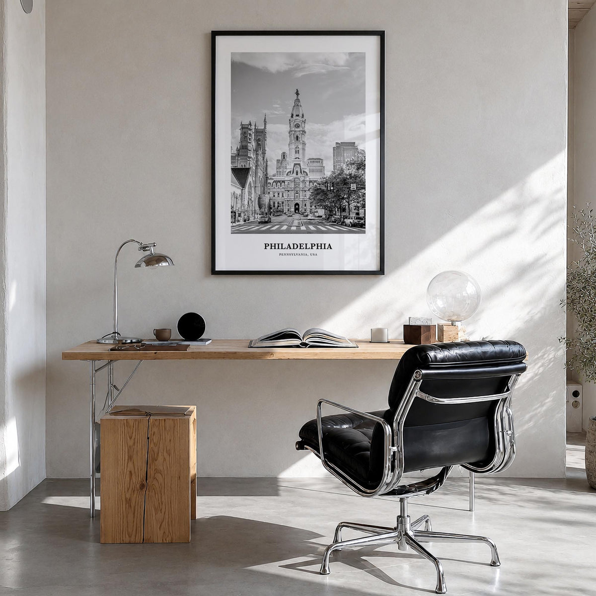 Philadelphia no. 3 black & white classic poster of Pennsylvania, USA – vertical wall art in black wood frame, hanging on wall
