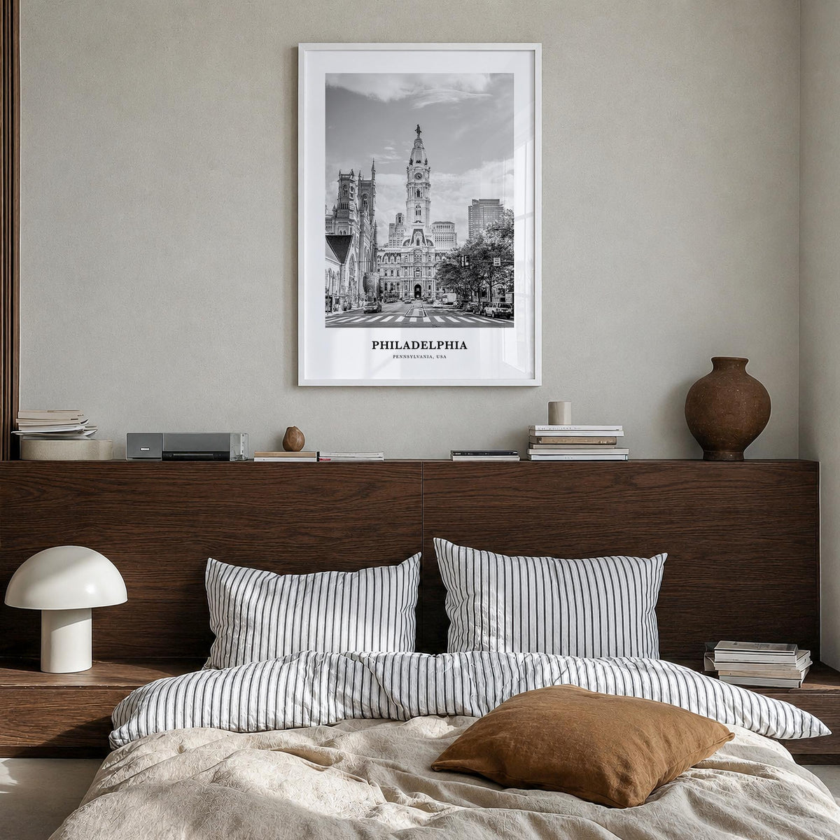 Philadelphia no. 3 black & white classic poster of Pennsylvania, USA – vertical wall art in white wood frame, hanging on wall