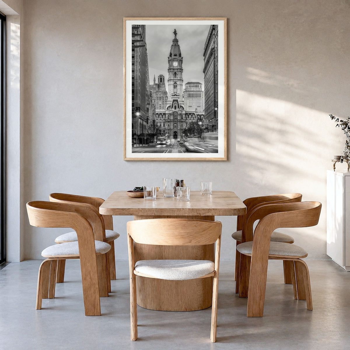 Philadelphia Photo No 3 Poster in a natural wood frame, hanging in a dining room, white border