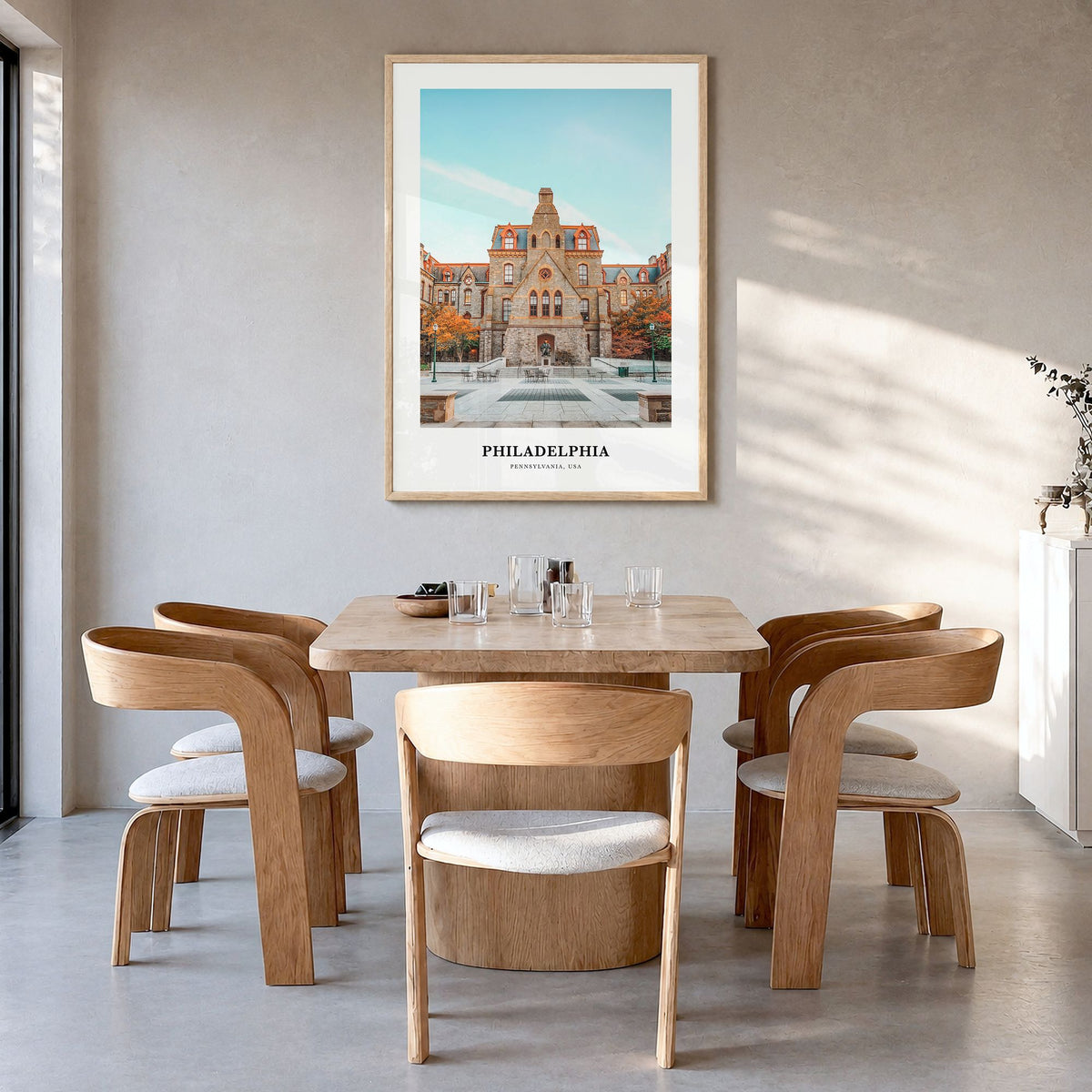 Philadelphia Classic No 1 Poster in a natural wood frame, hanging in a dining room