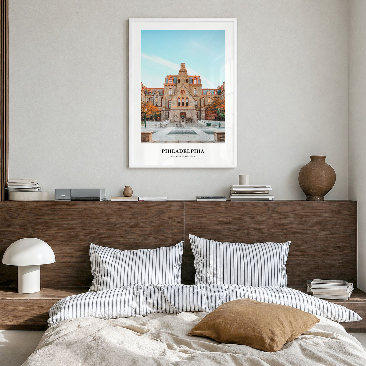 Philadelphia Classic No 1 Poster in a white wood frame, hanging in a bedroom