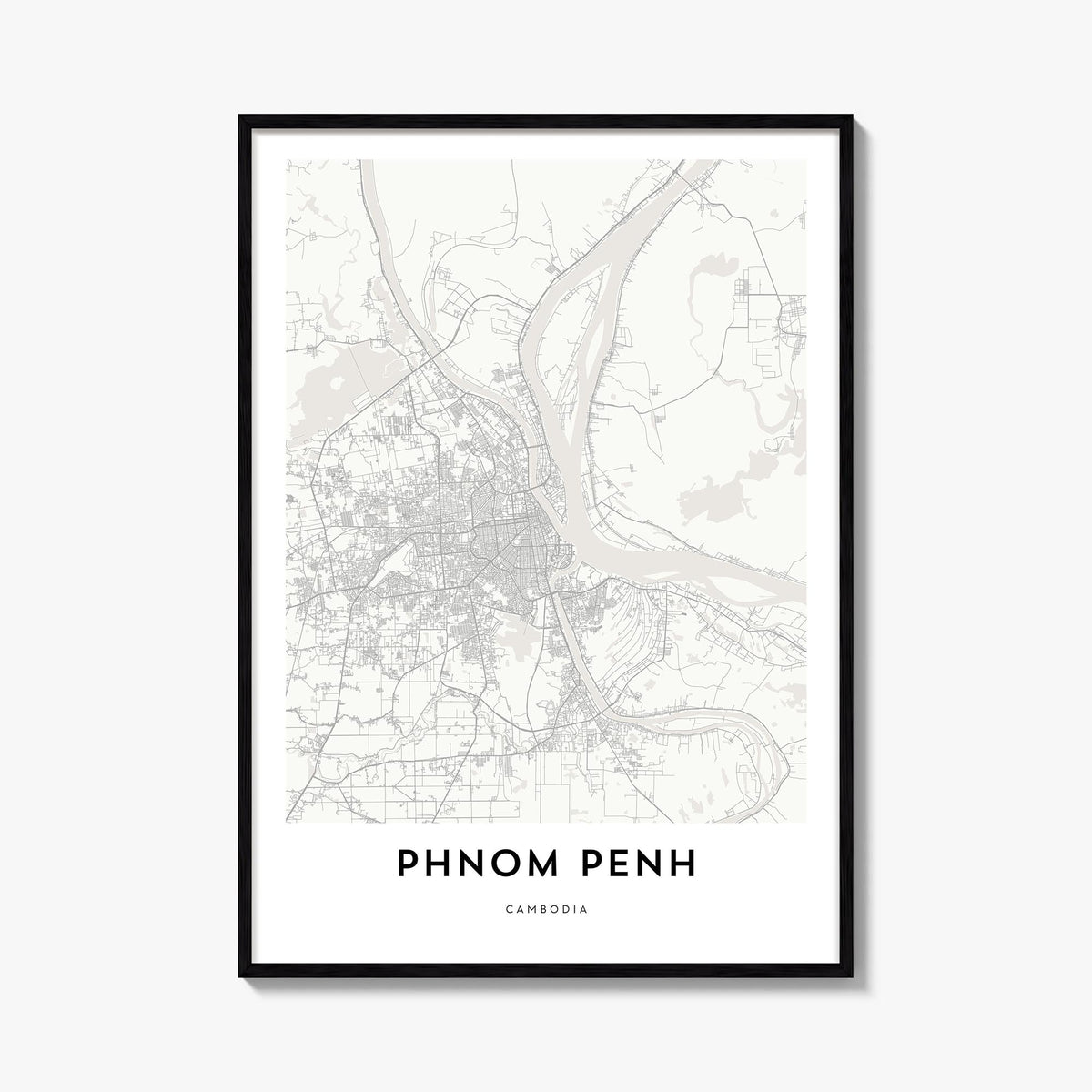 Phnom Penh black & white map poster of Cambodia – vertical wall art, unframed print shown in interior mockup