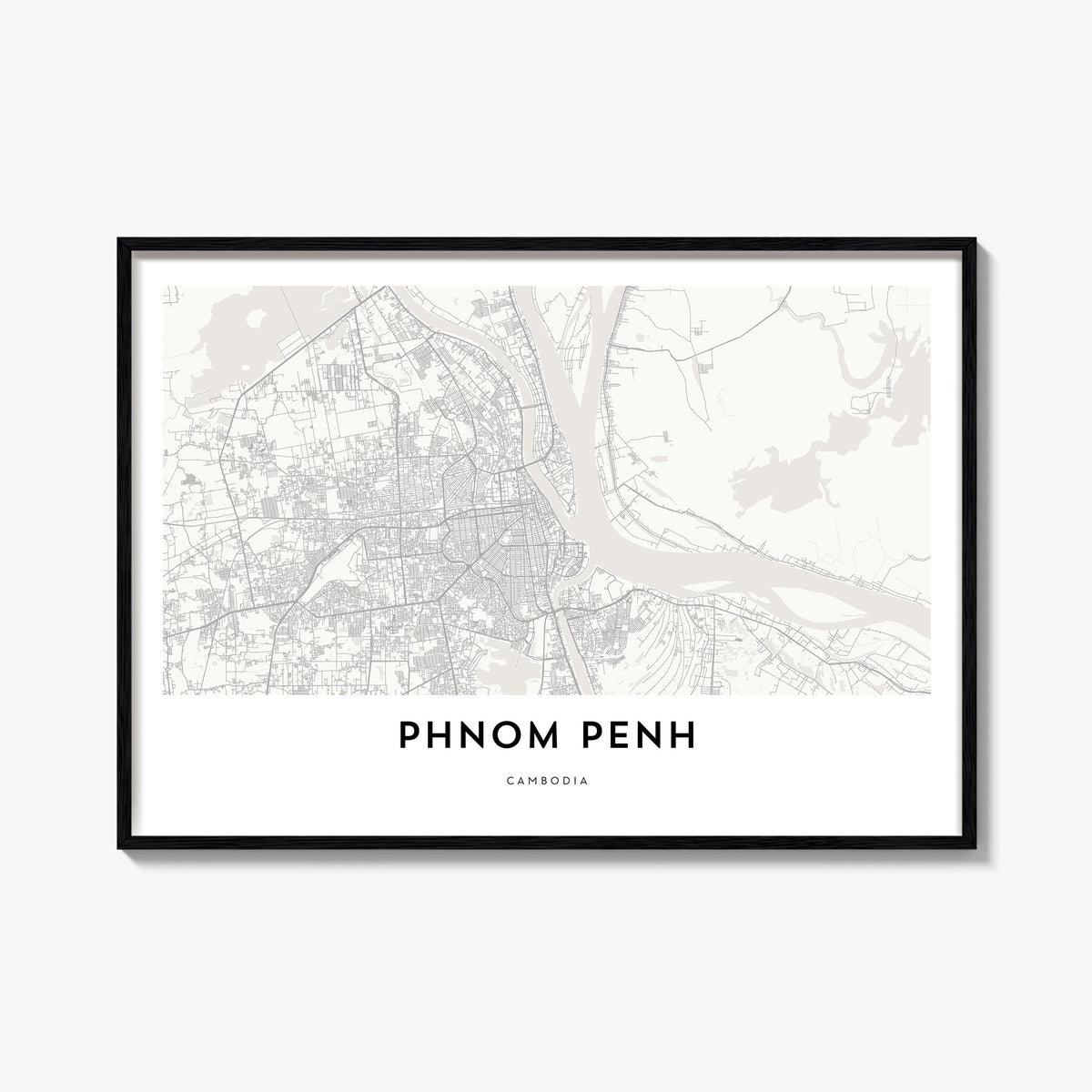 Phnom Penh black & white map poster of Cambodia – horizontal wall art, unframed print shown in interior mockup