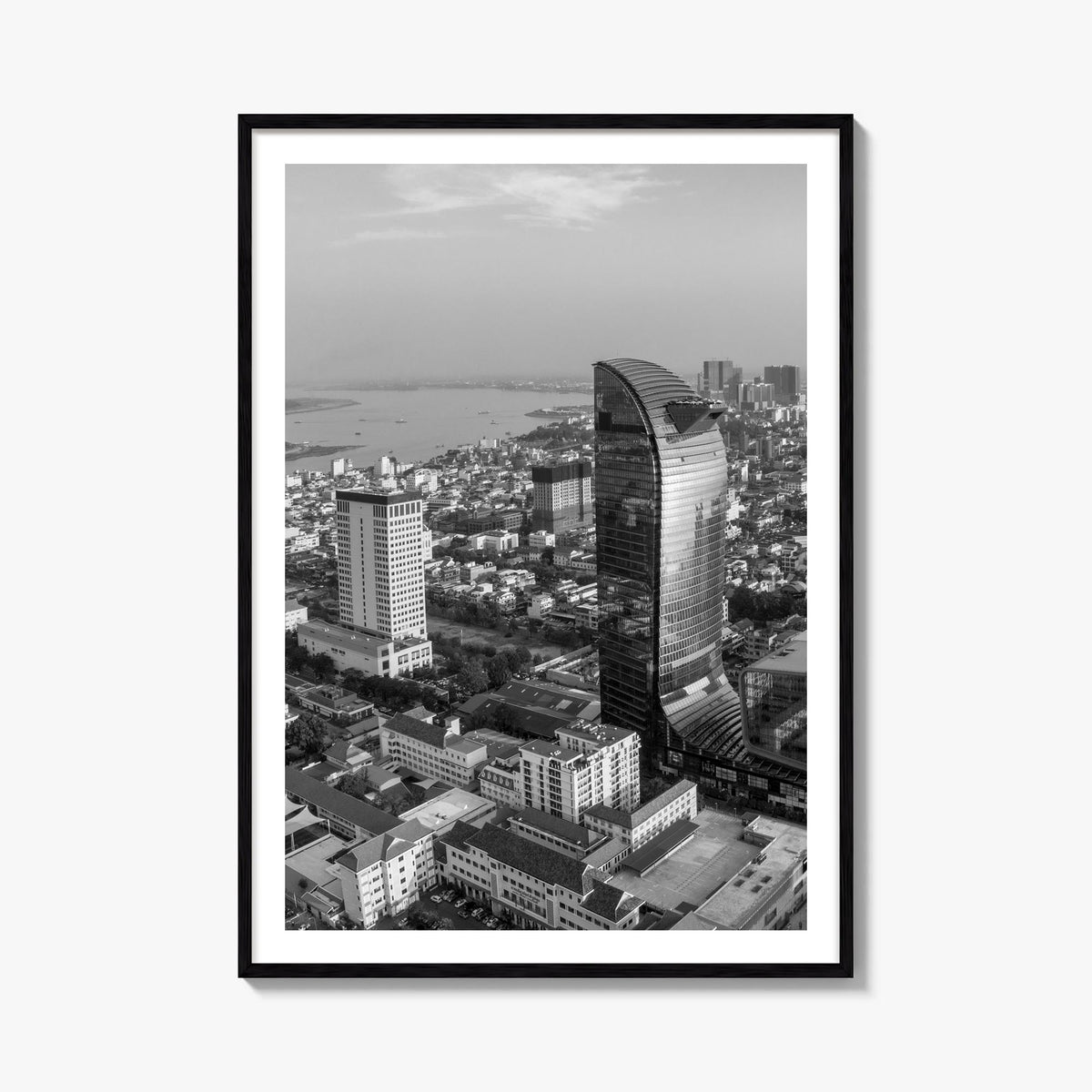 Phnom Penh black & white photo poster of Cambodia – vertical wall art, unframed print shown in interior mockup
