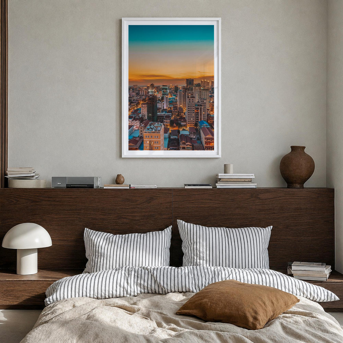 Phnom Penh colorful photo poster of Cambodia – vertical wall art in white wood frame with white border, hanging on wall