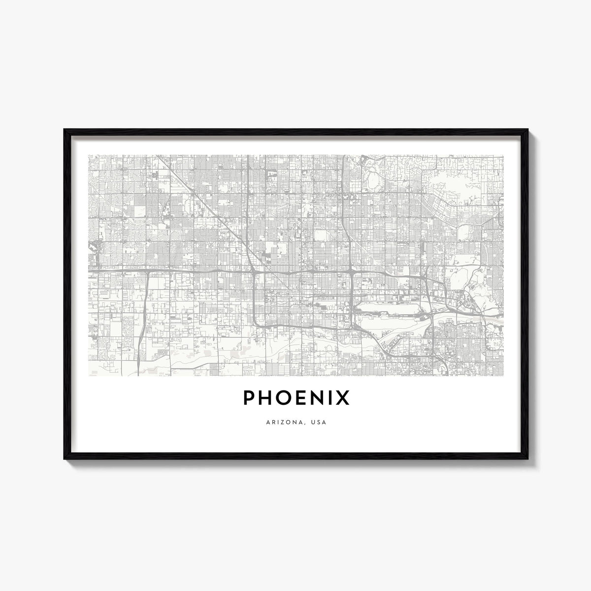 Phoenix black & white map poster of Arizona, USA – horizontal wall art, unframed print shown in interior mockup