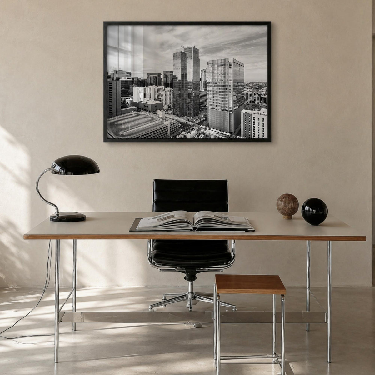 Phoenix black & white photo poster of Arizona, USA – horizontal wall art in black wood frame, hanging on wall