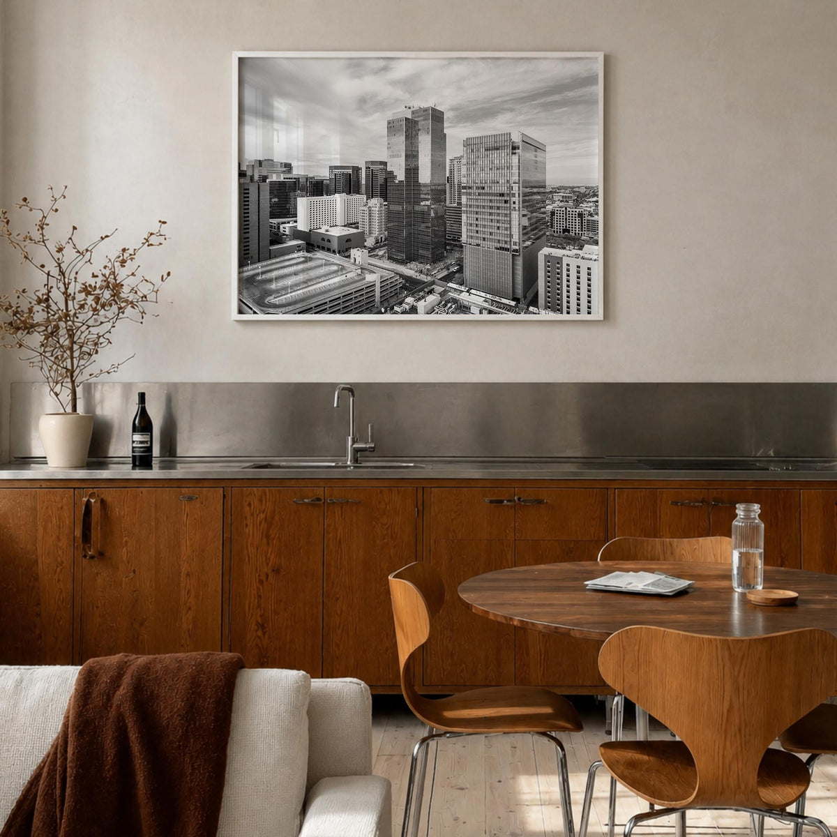 Phoenix black & white photo poster of Arizona, USA – horizontal wall art in white wood frame, hanging on wall