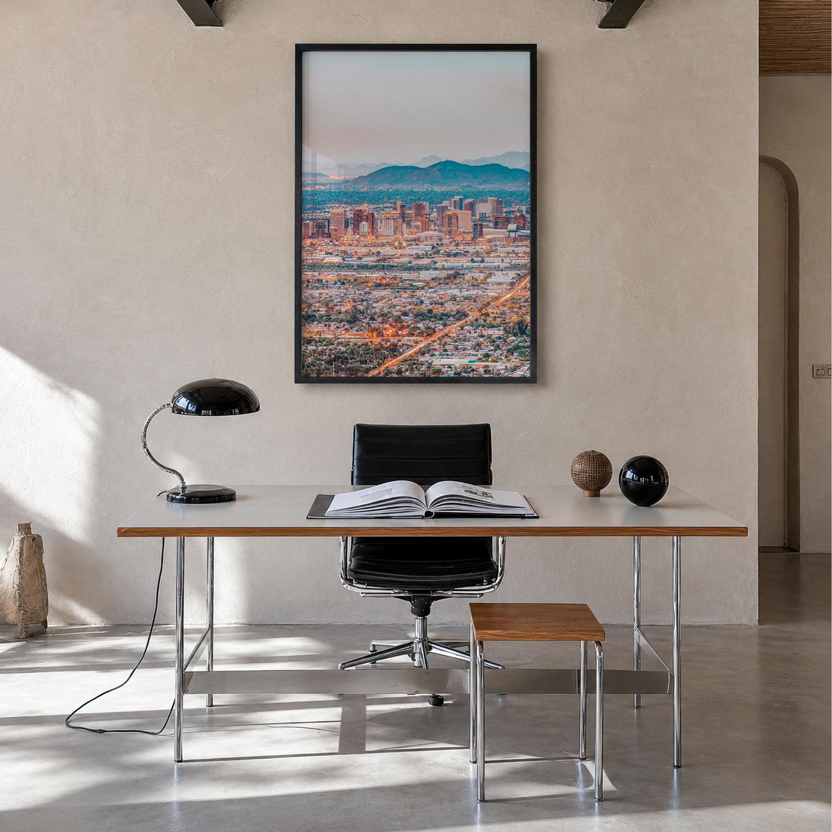 Phoenix colorful photo poster of Arizona, USA – vertical wall art in black wood frame, hanging on wall