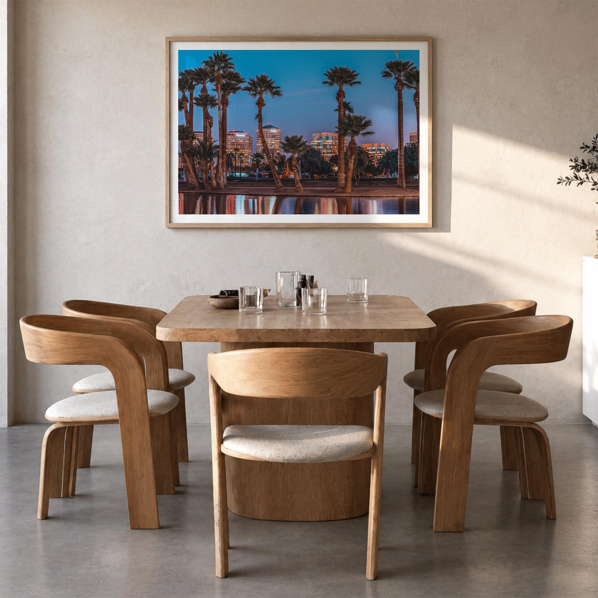 Phoenix colorful photo poster of Arizona, USA – horizontal wall art in natural wood frame with white border, hanging on wall