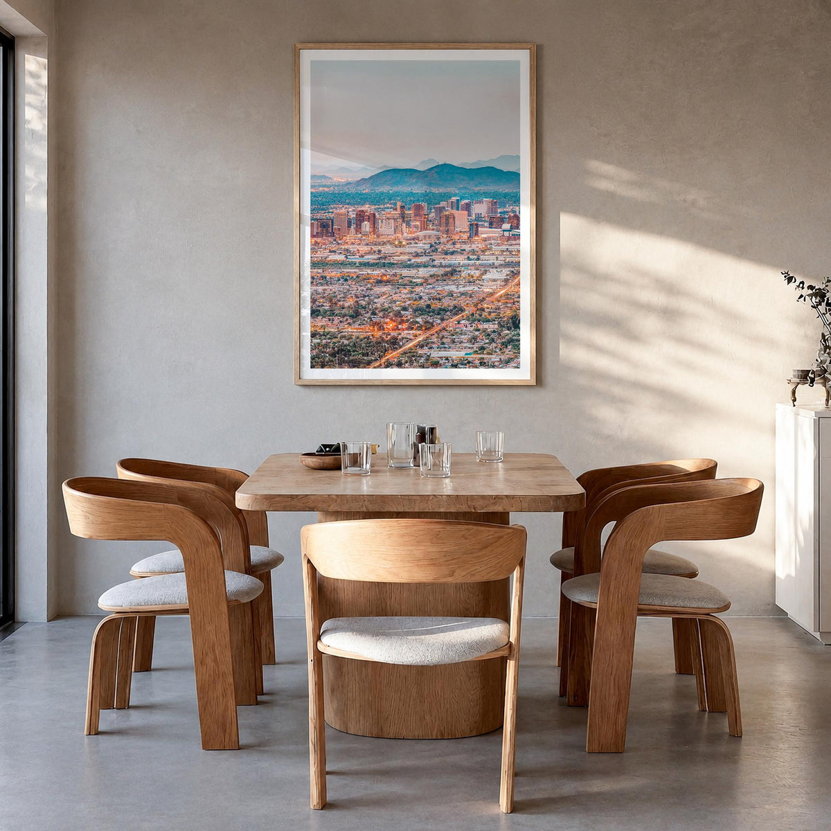 Phoenix colorful photo poster of Arizona, USA – vertical wall art in natural wood frame with white border, hanging on wall