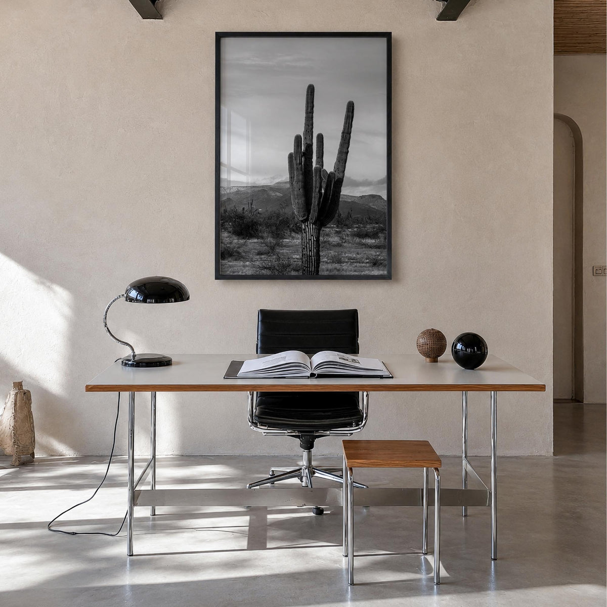 Phoenix no. 1 black & white photo poster of Arizona, USA – vertical wall art in black wood frame, hanging on wall