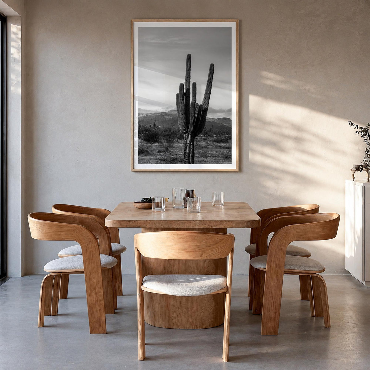 Phoenix no. 1 black & white photo poster of Arizona, USA – vertical wall art in natural wood frame with white border, hanging