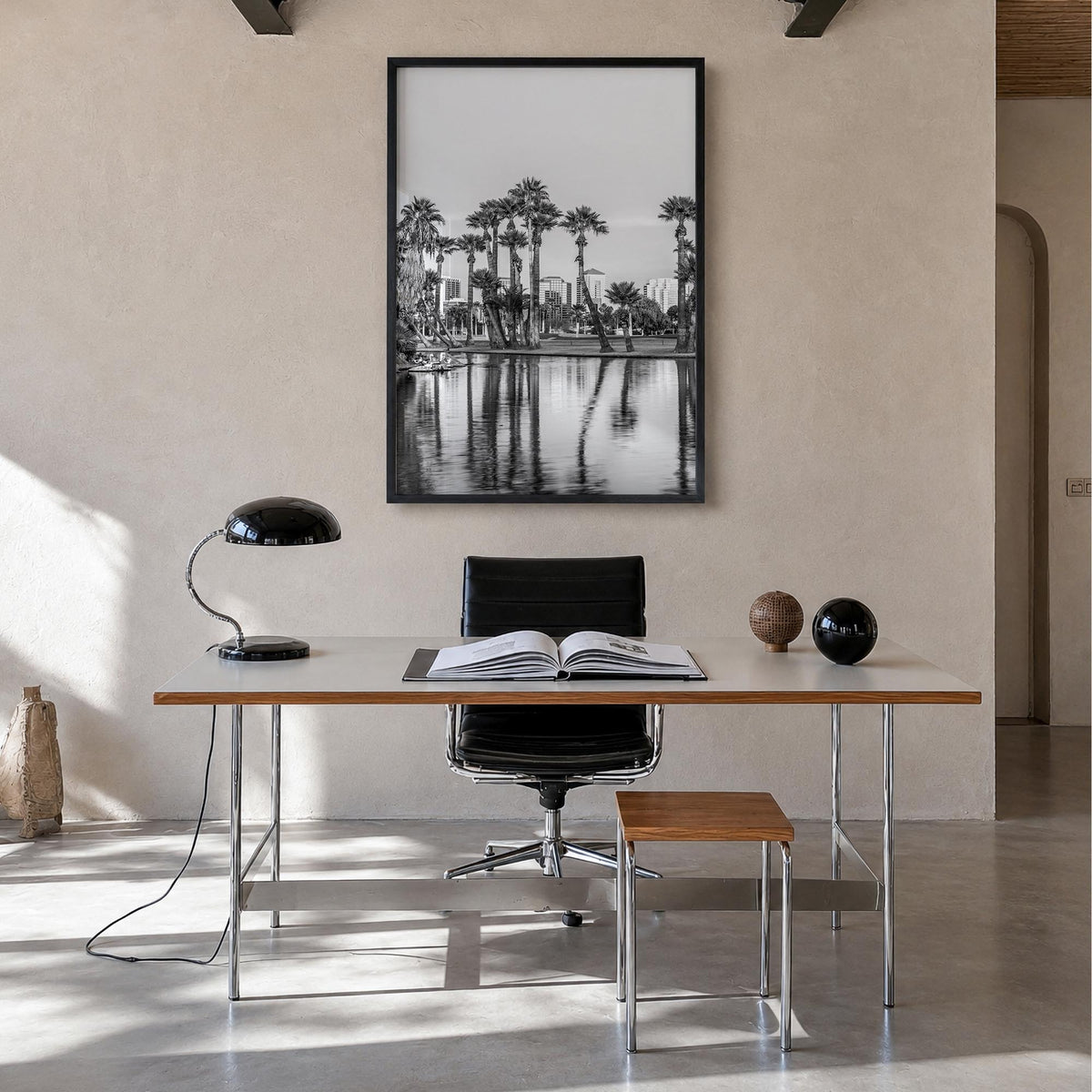 Phoenix no. 2 black & white photo poster of Arizona, USA – vertical wall art in black wood frame, hanging on wall