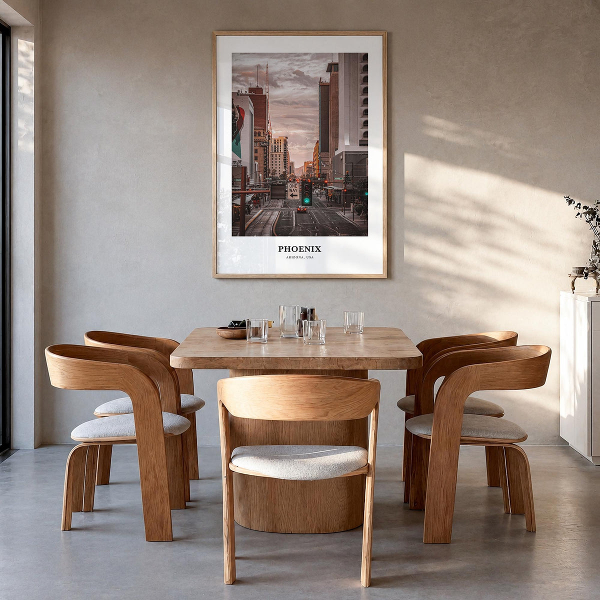 Phoenix no. 3 colorful classic poster of Arizona, USA – vertical wall art in natural wood frame, hanging on wall