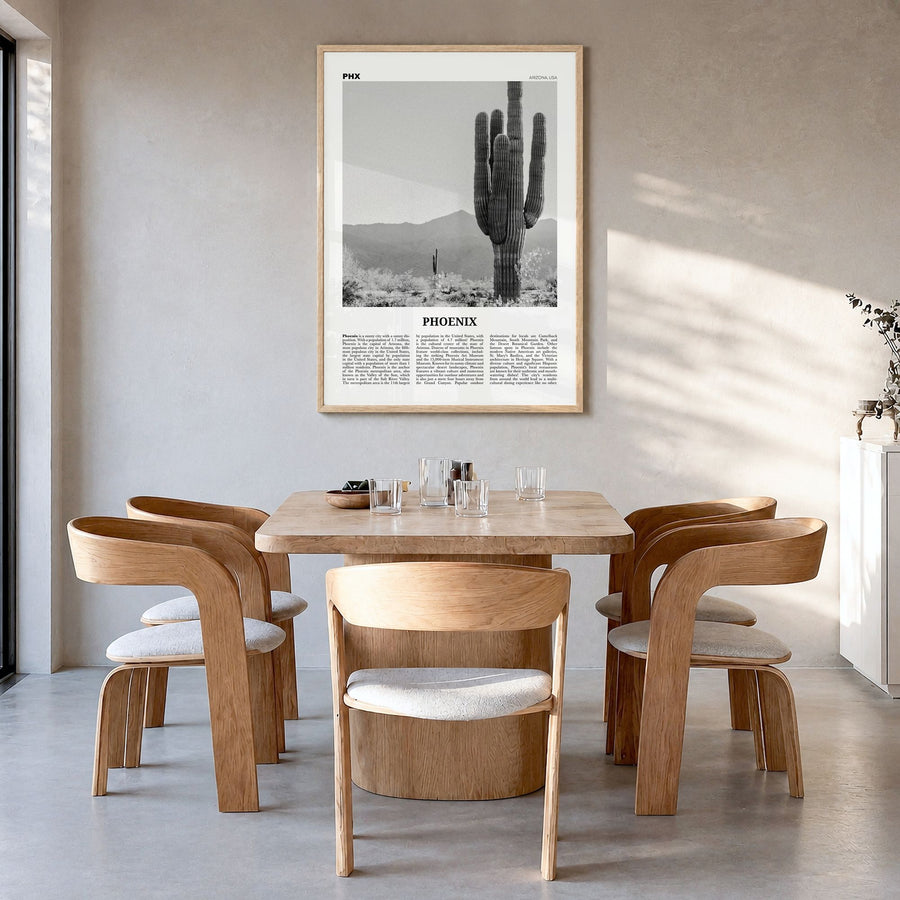 Phoenix Newspaper No 3 Poster in a natural wood frame, hanging in a dining room