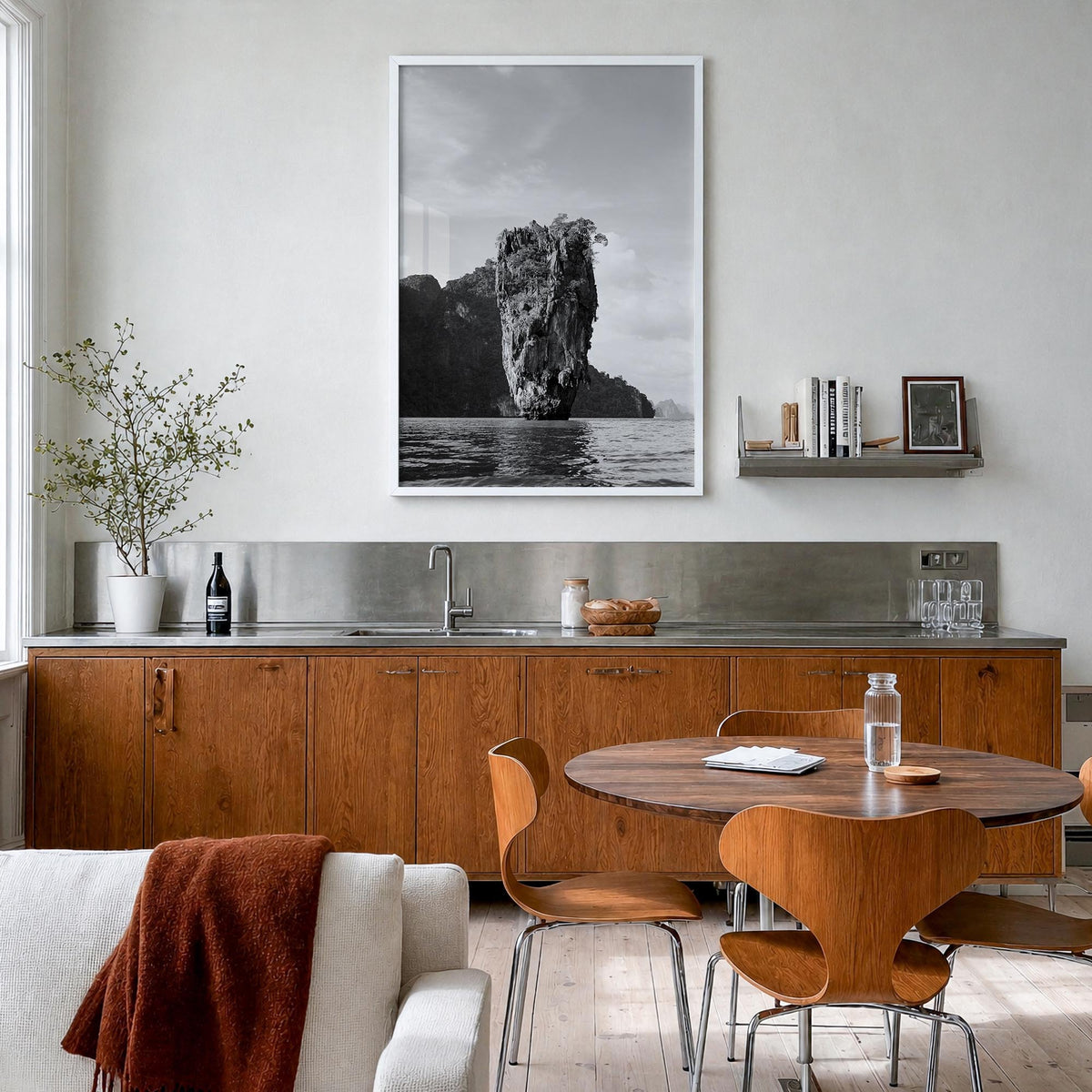 Phuket black & white photo poster of Thailand – vertical wall art in white wood frame, hanging on wall
