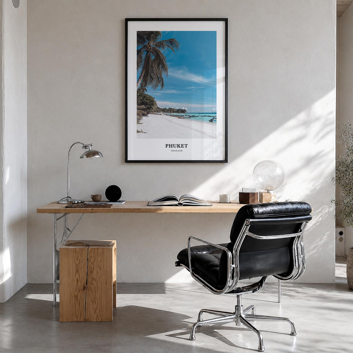 Phuket colorful classic poster of Thailand – vertical wall art in black wood frame, hanging on wall