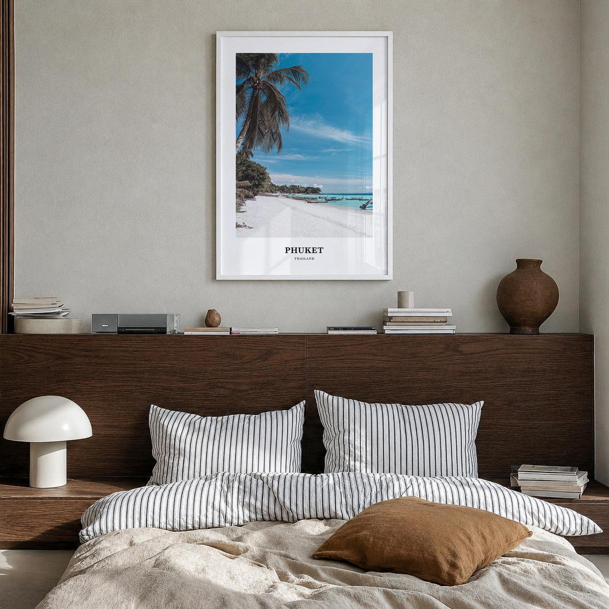 Phuket colorful classic poster of Thailand – vertical wall art in white wood frame, hanging on wall