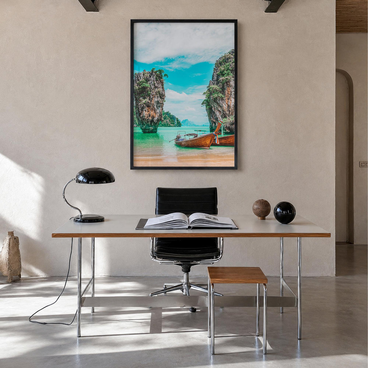 Phuket colorful photo poster of Thailand – vertical wall art in black wood frame, hanging on wall