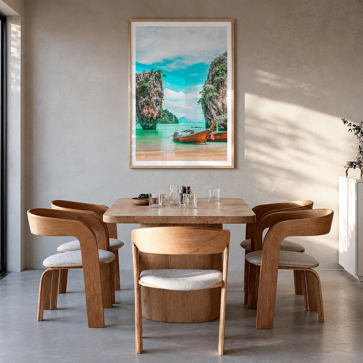 Phuket colorful photo poster of Thailand – vertical wall art in natural wood frame with white border, hanging on wall