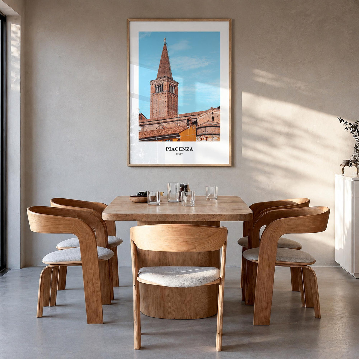 Piacenza colorful classic poster of Italy – vertical wall art in natural wood frame, hanging on wall