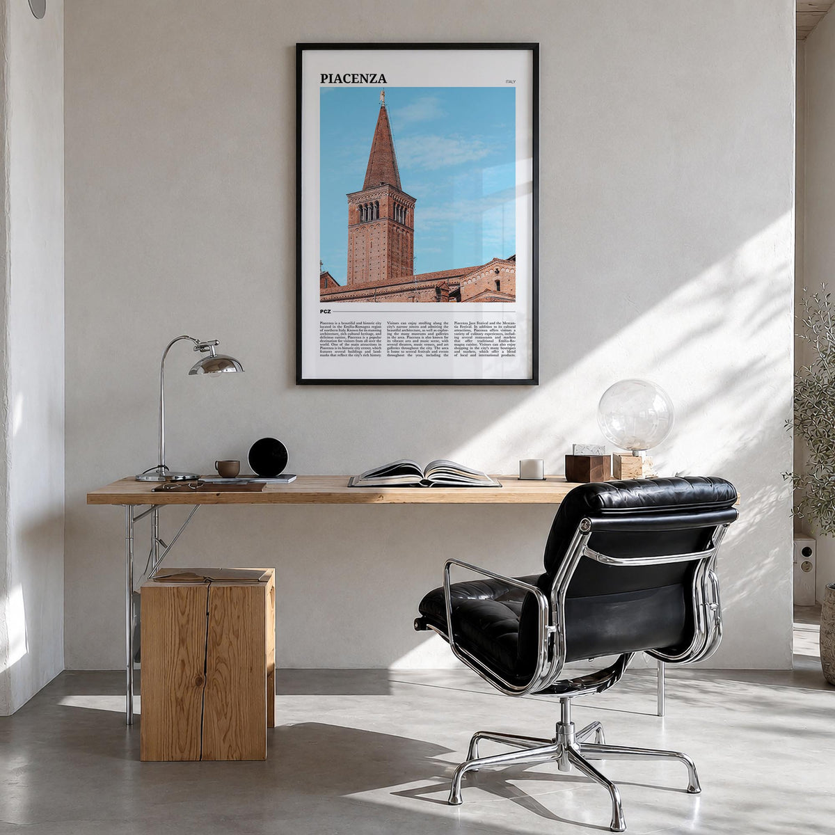 Piacenza colorful travel poster of Italy – vertical wall art in black wood frame, hanging on wall