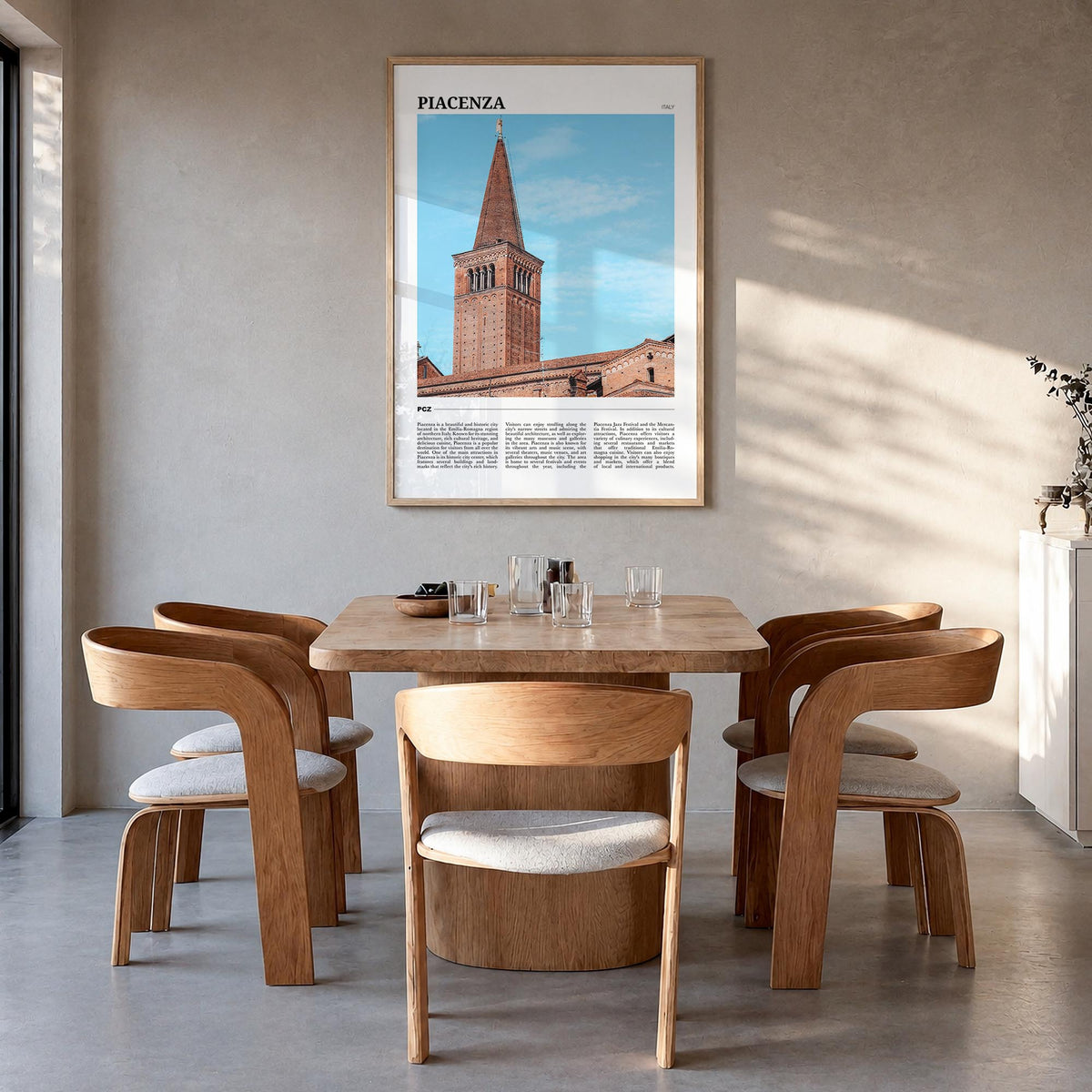 Piacenza colorful travel poster of Italy – vertical wall art in natural wood frame, hanging on wall