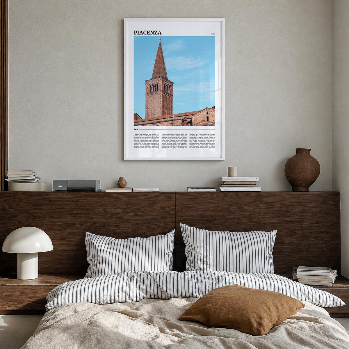 Piacenza colorful travel poster of Italy – vertical wall art in white wood frame, hanging on wall