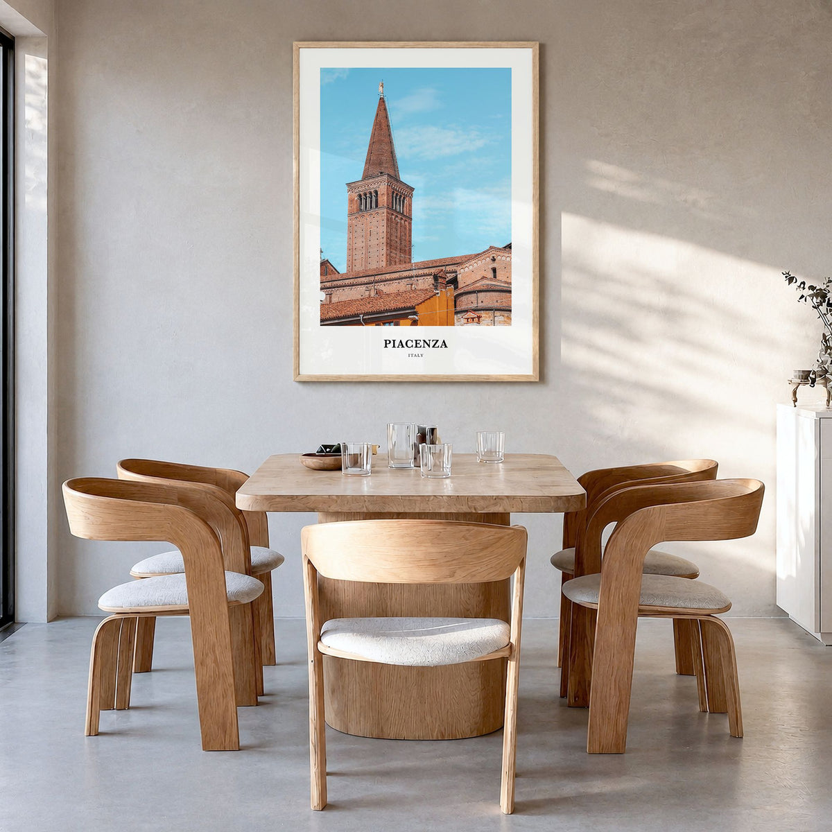 Piacenza Classic Poster in a natural wood frame, hanging in a dining room