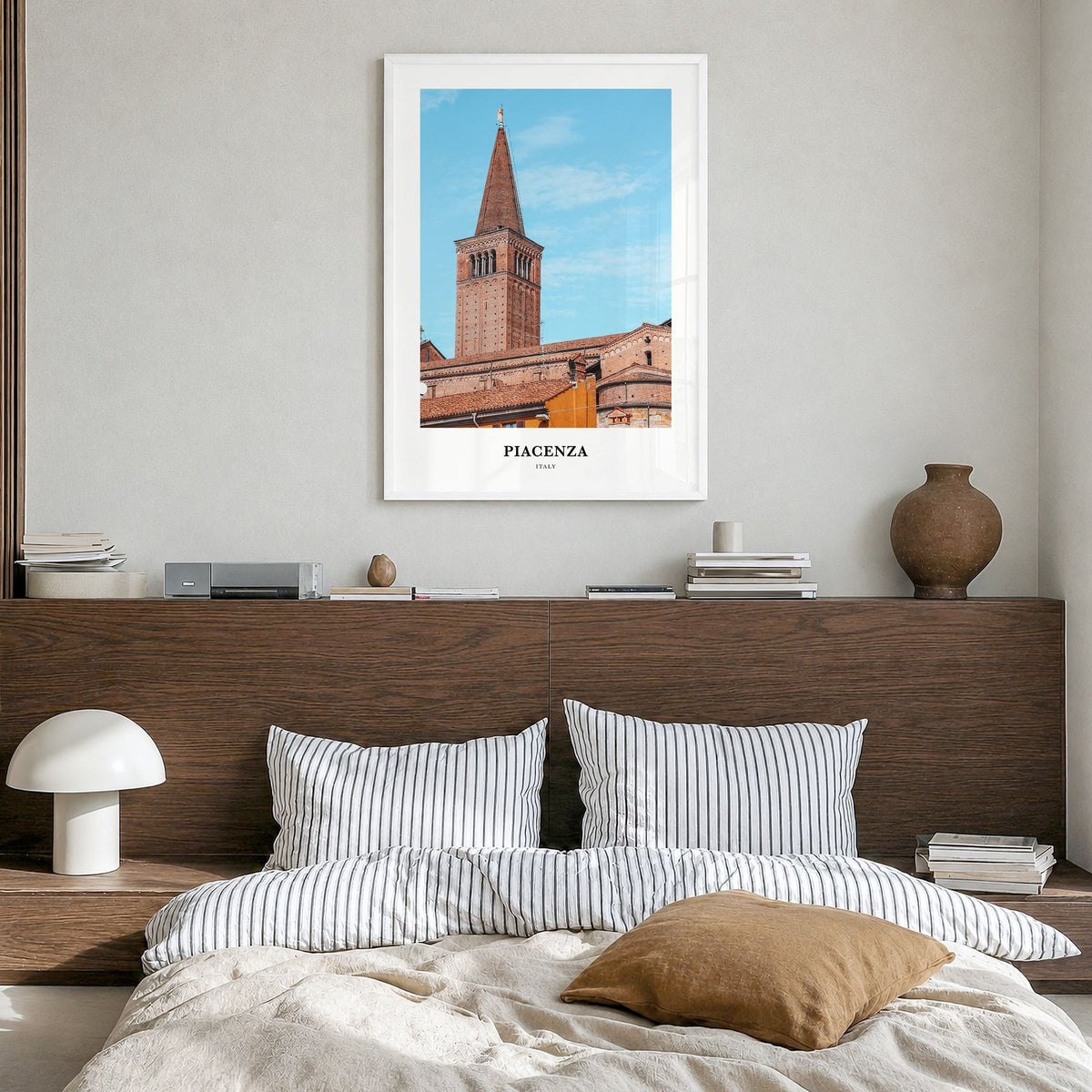 Piacenza Classic Poster in a white wood frame, hanging in a bedroom