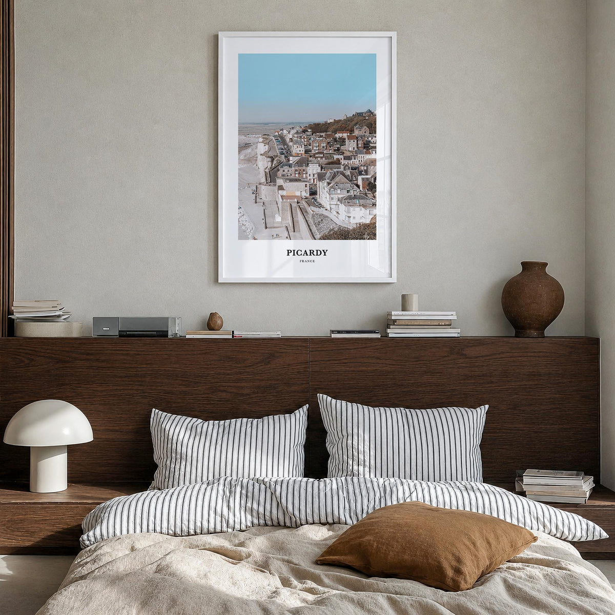 Picardy colorful classic poster of France – vertical wall art in white wood frame, hanging on wall