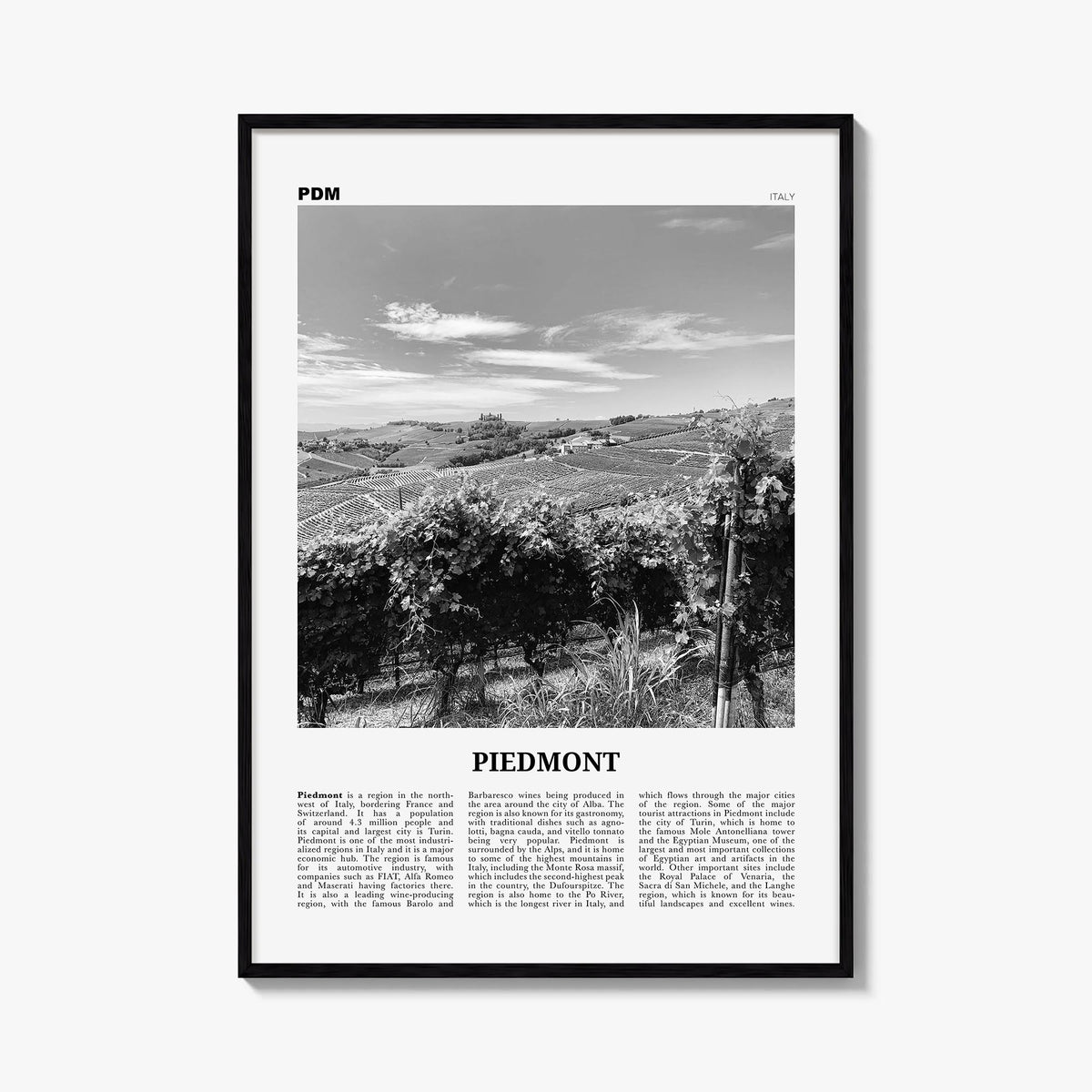 Piedmont no. 1 black & white newspaper poster of Italy – vertical wall art, unframed print shown in interior mockup