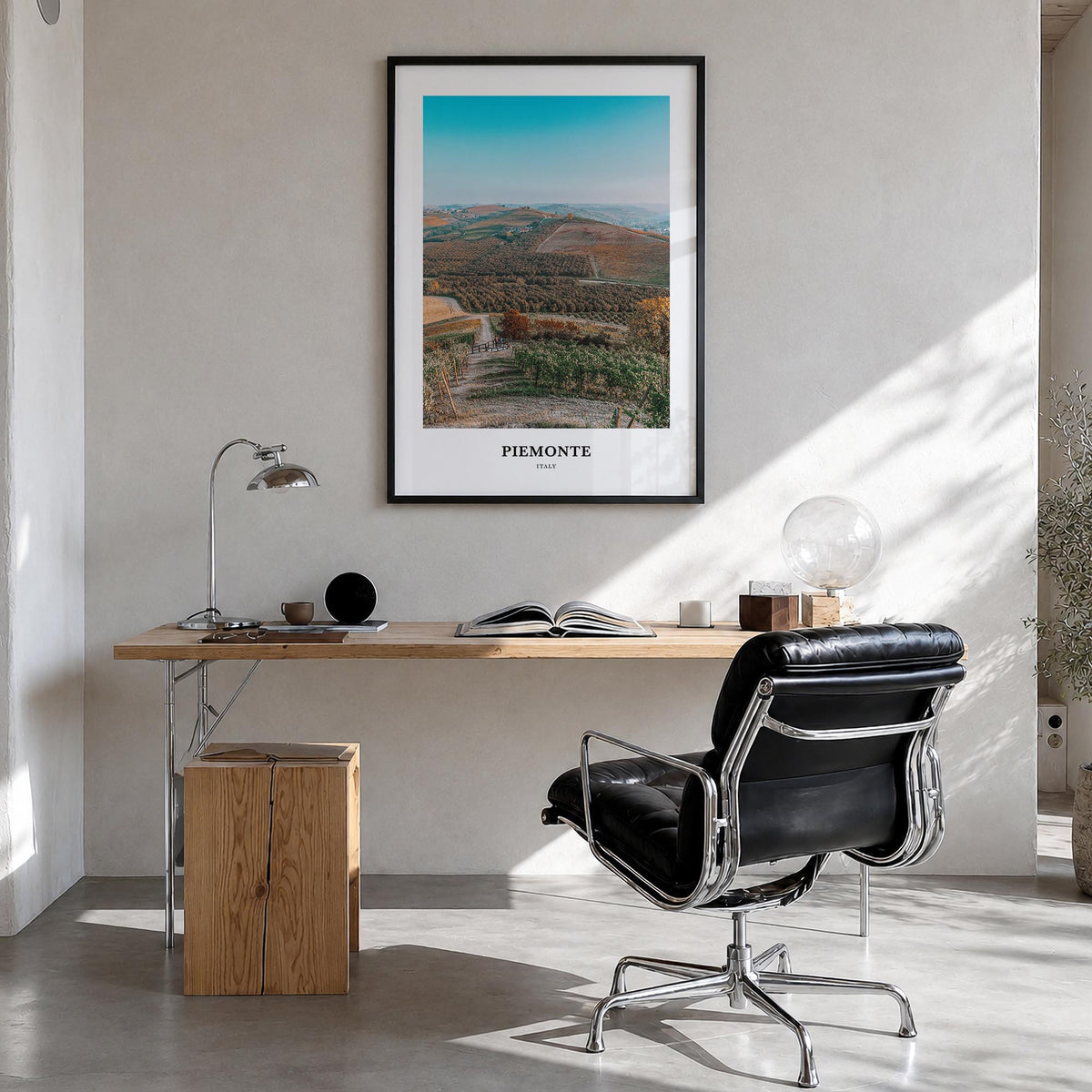 Piedmont no. 2 colorful classic poster of Piemonte, Italy – vertical wall art in black wood frame, hanging on wall