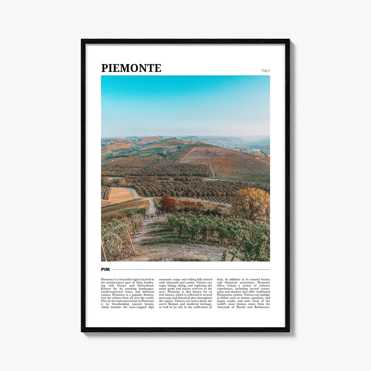 Piedmont no. 2 colorful travel poster of Piemonte, Italy – vertical wall art, unframed print shown in interior mockup