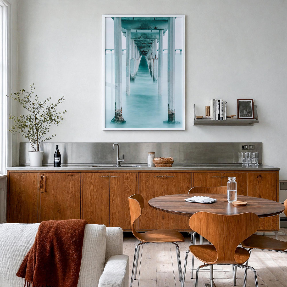 Pier no. 1 colorful photo poster – vertical wall art in white wood frame, hanging on wall