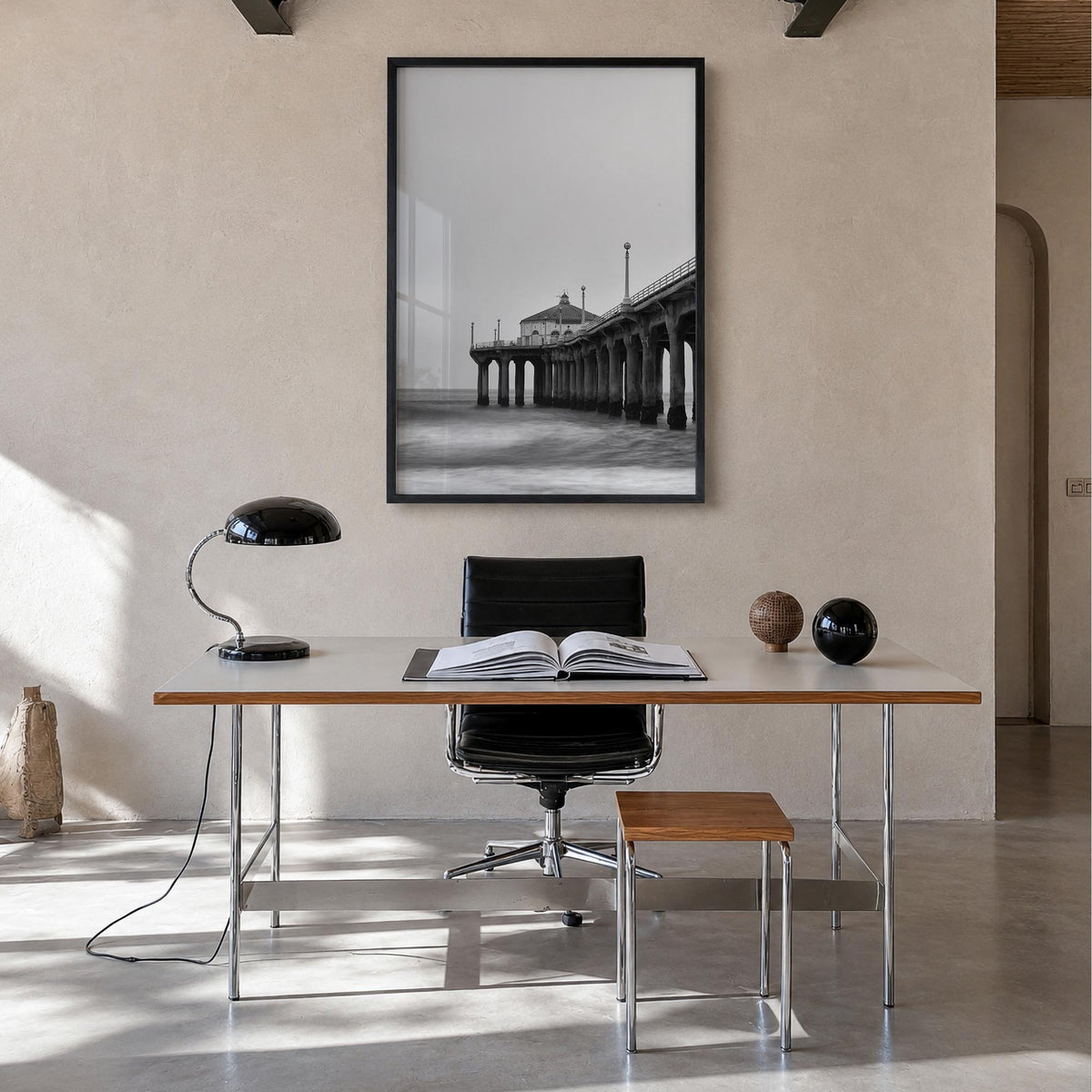 Pier no. 2 black & white photo poster – vertical wall art in black wood frame, hanging on wall