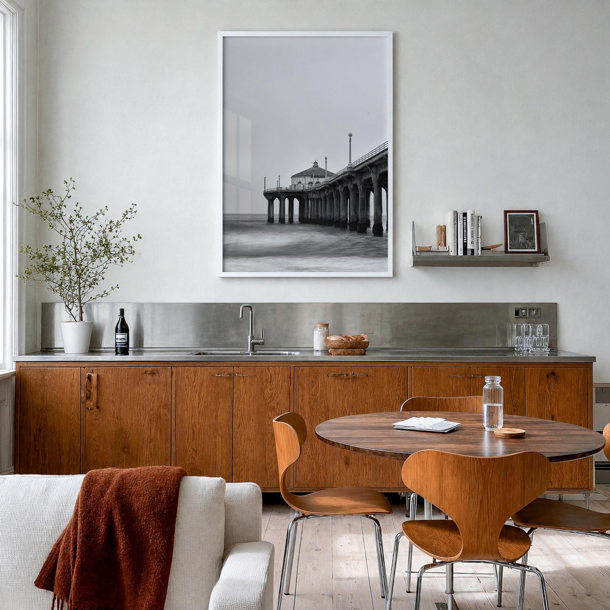 Pier no. 2 black & white photo poster – vertical wall art in white wood frame, hanging on wall
