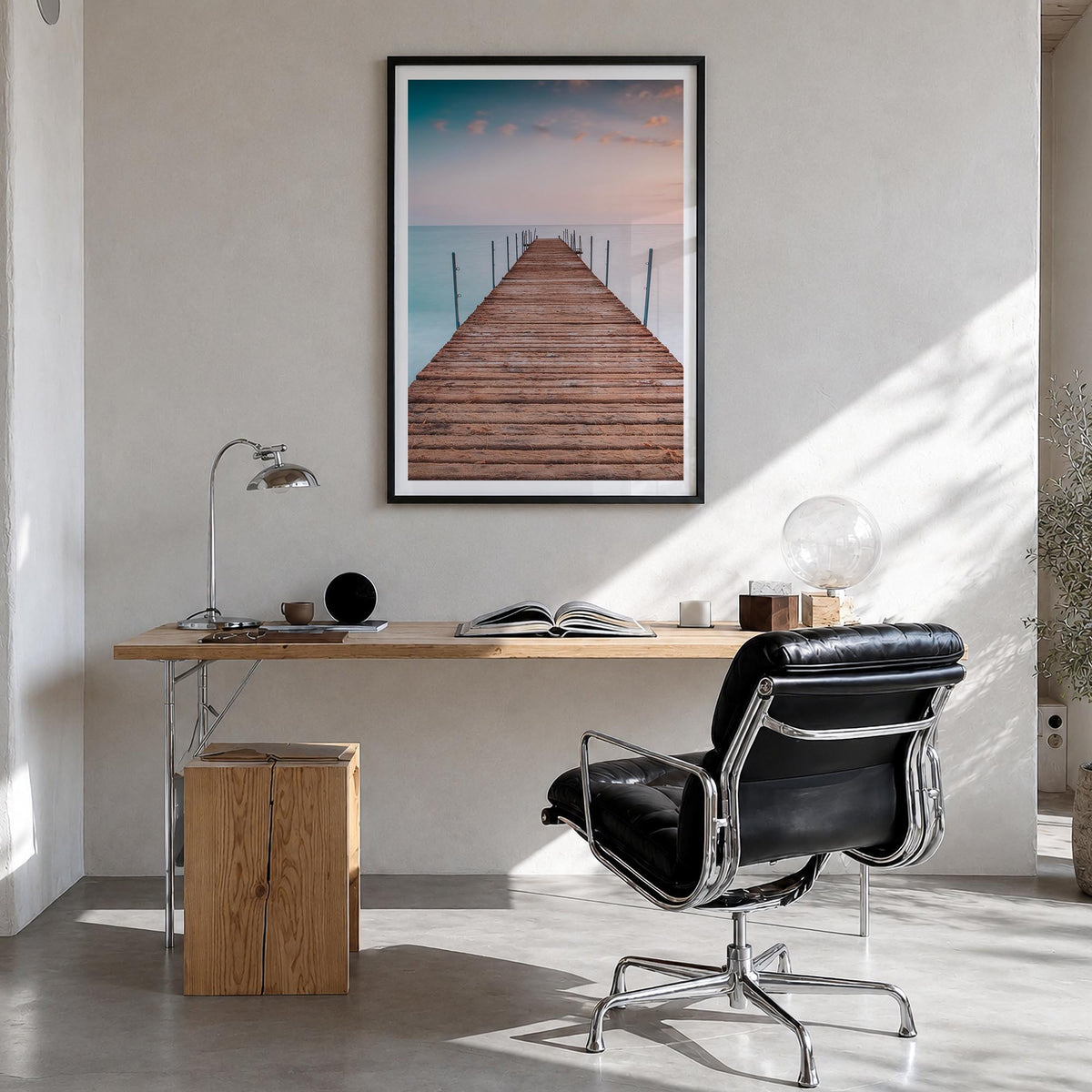 Pier no. 2 colorful photo poster – vertical wall art in black wood frame with white border, hanging on wall