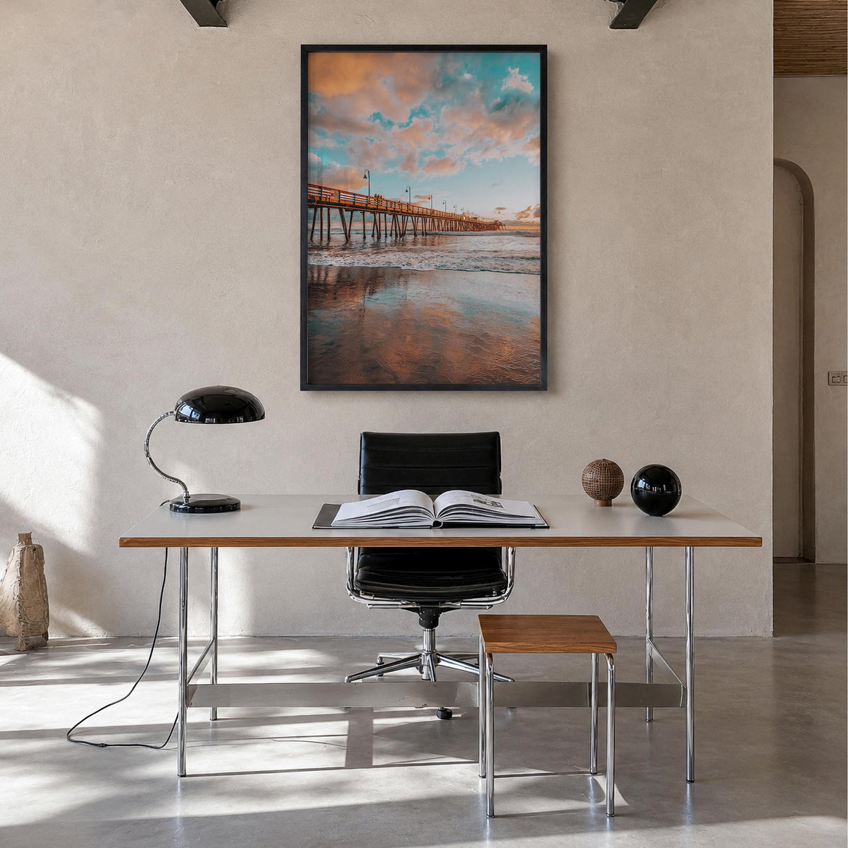 Pier no. 3 colorful photo poster – vertical wall art in black wood frame, hanging on wall