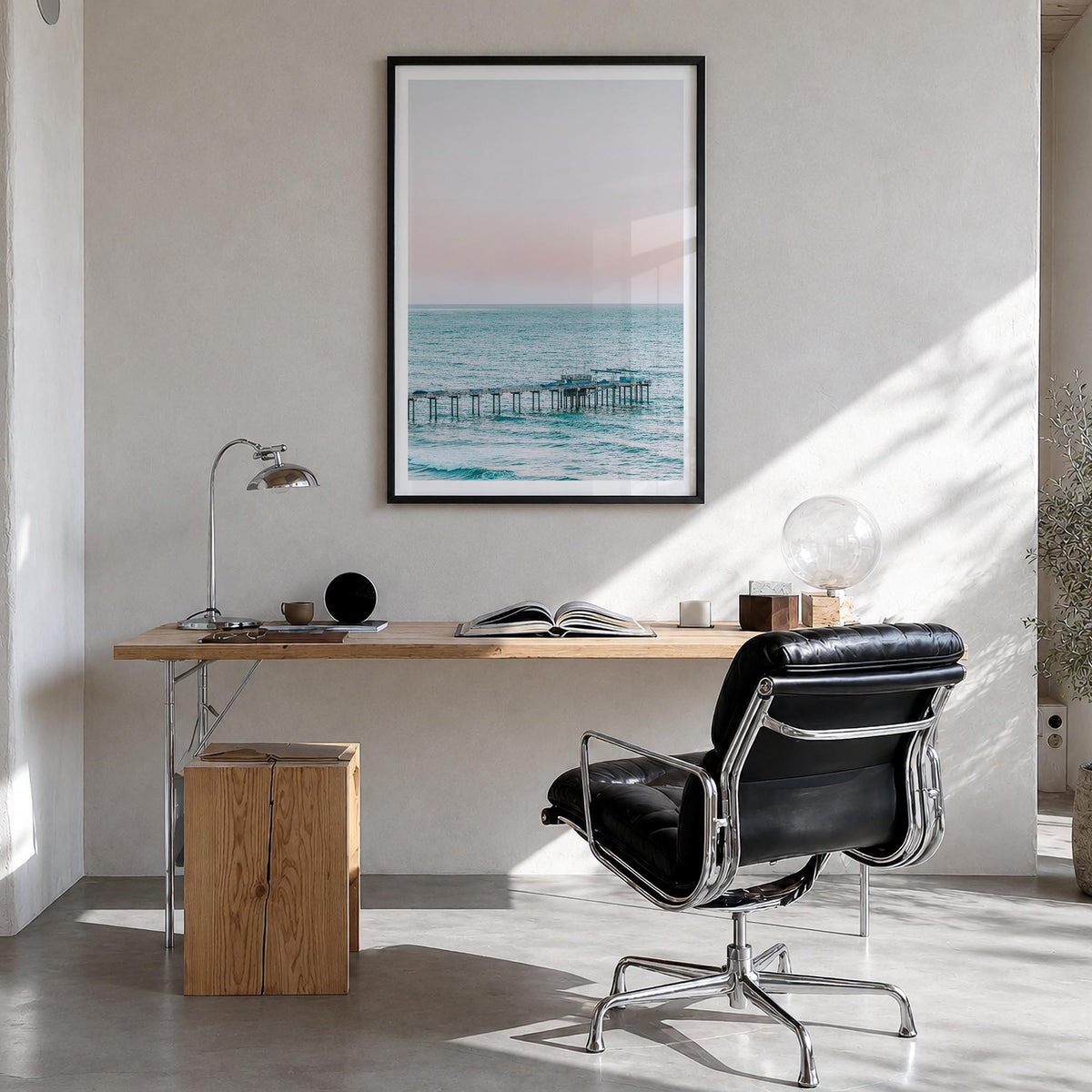 Pier no. 5 colorful photo poster – vertical wall art in black wood frame with white border, hanging on wall