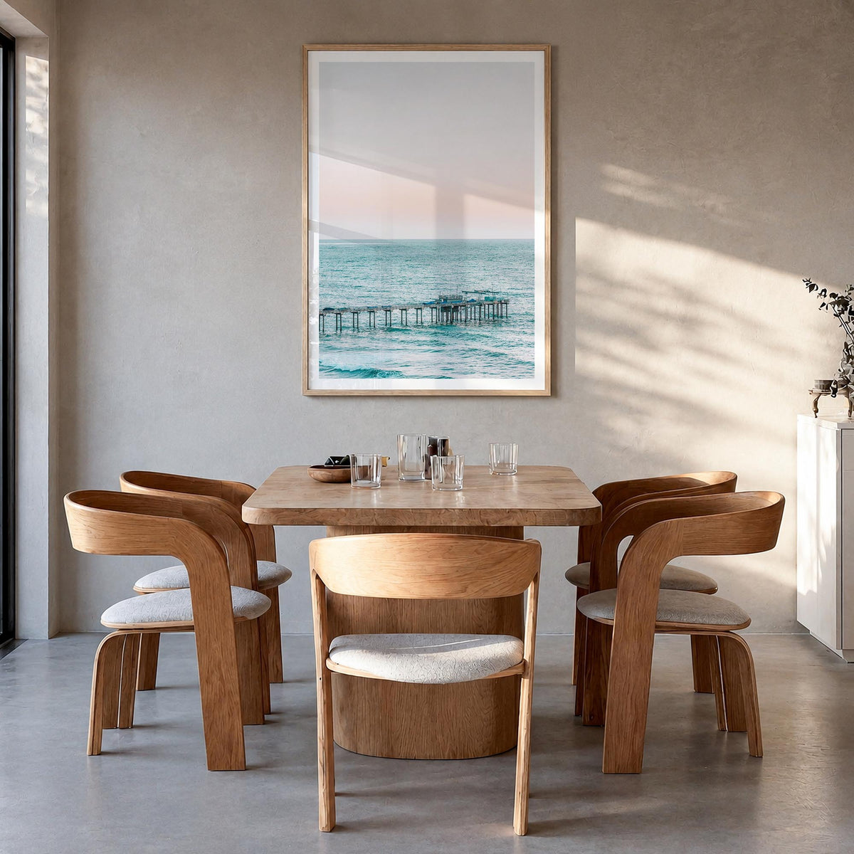 Pier no. 5 colorful photo poster – vertical wall art in natural wood frame with white border, hanging on wall