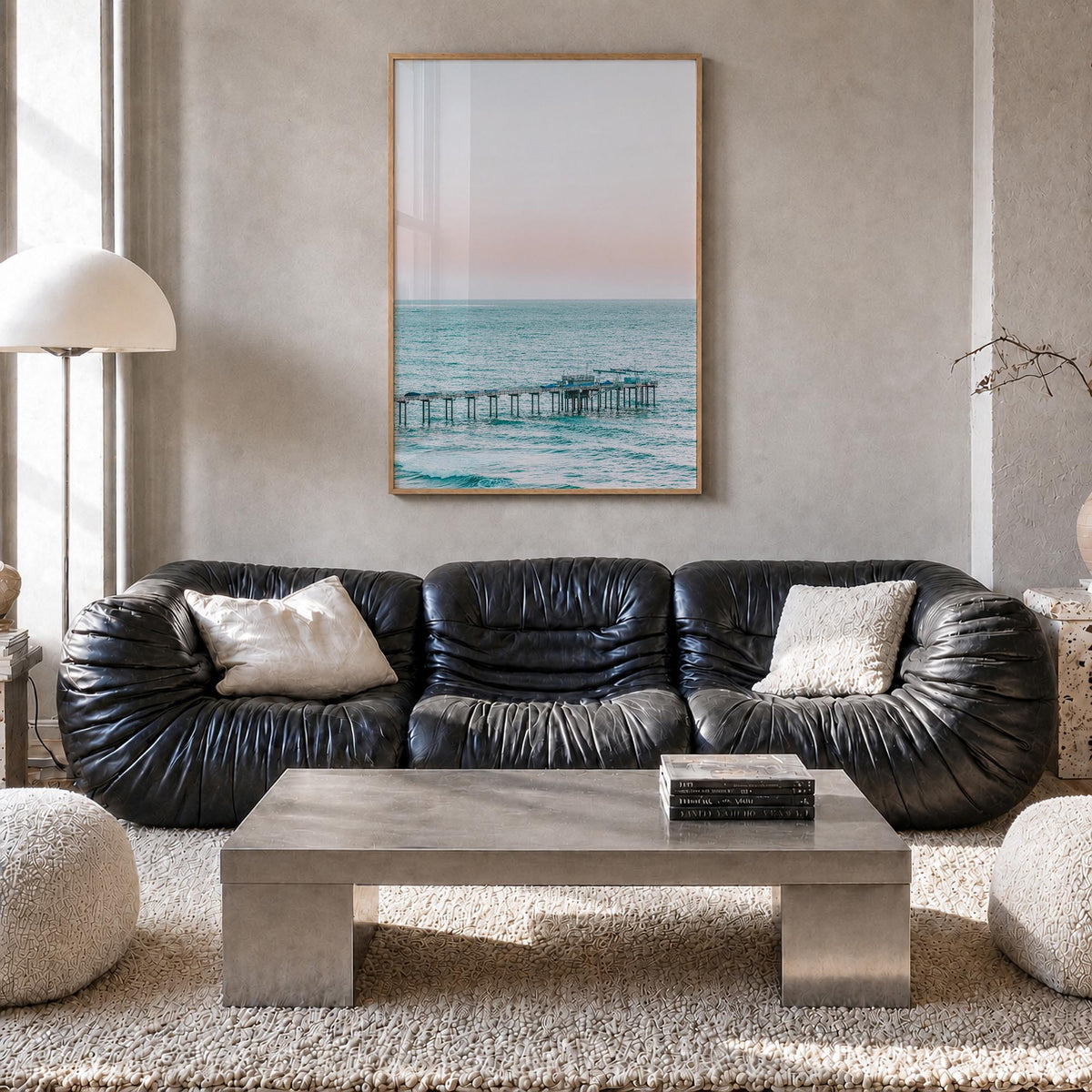 Pier no. 5 colorful photo poster – vertical wall art in natural wood frame, hanging on wall