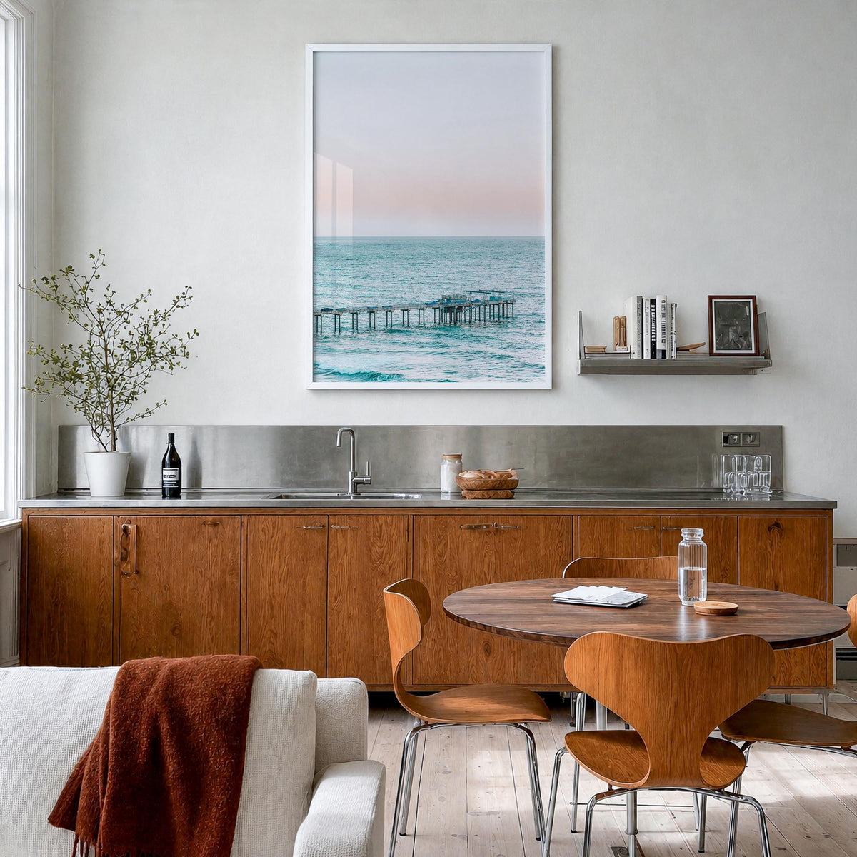 Pier no. 5 colorful photo poster – vertical wall art in white wood frame, hanging on wall