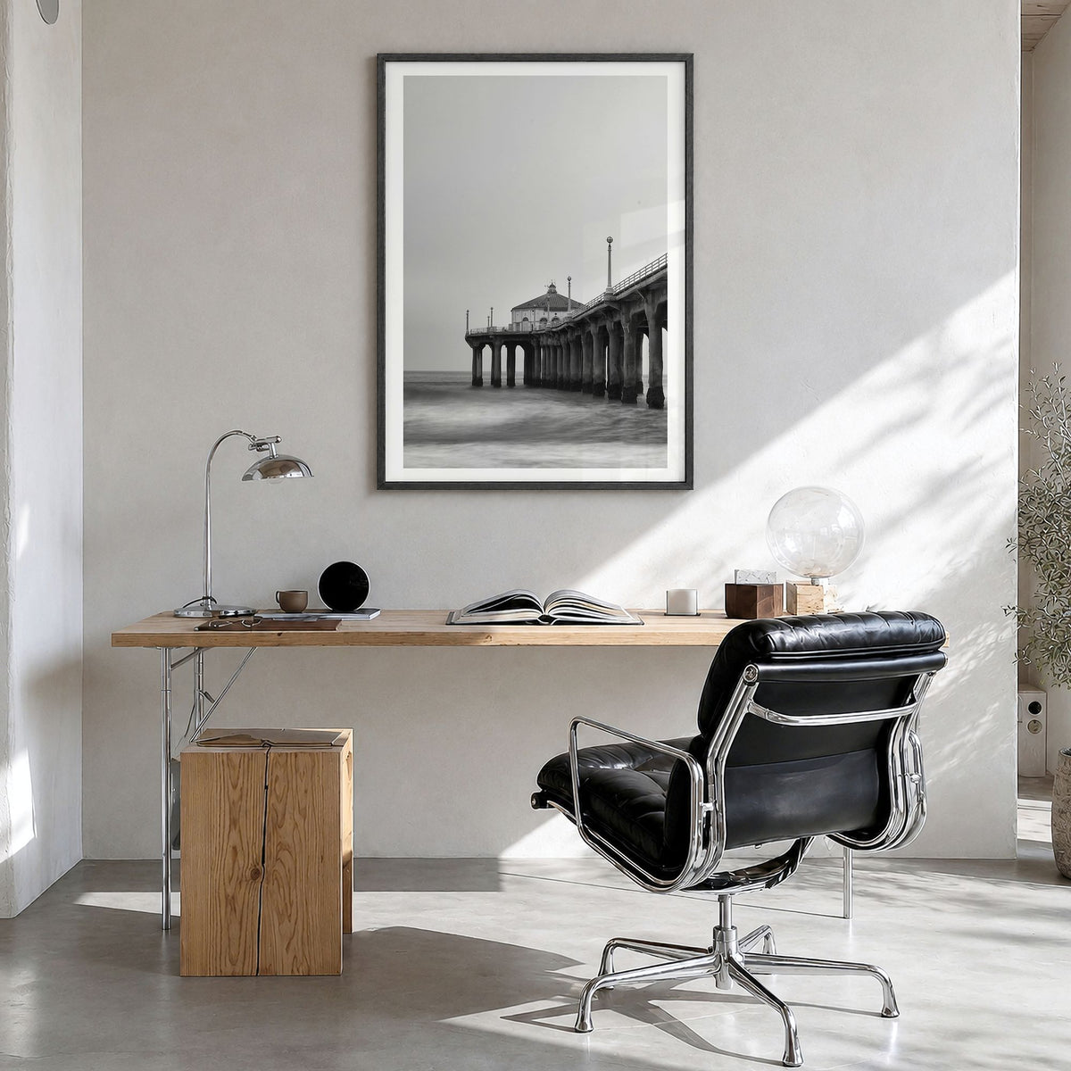 Pier Photo No 2 Poster in a black wood frame, hanging in a bright home office, white border